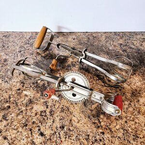 Pair Of Vintage 1930s Hand Blenders, Wood Handles Egg Beaters, Mastermix Canada